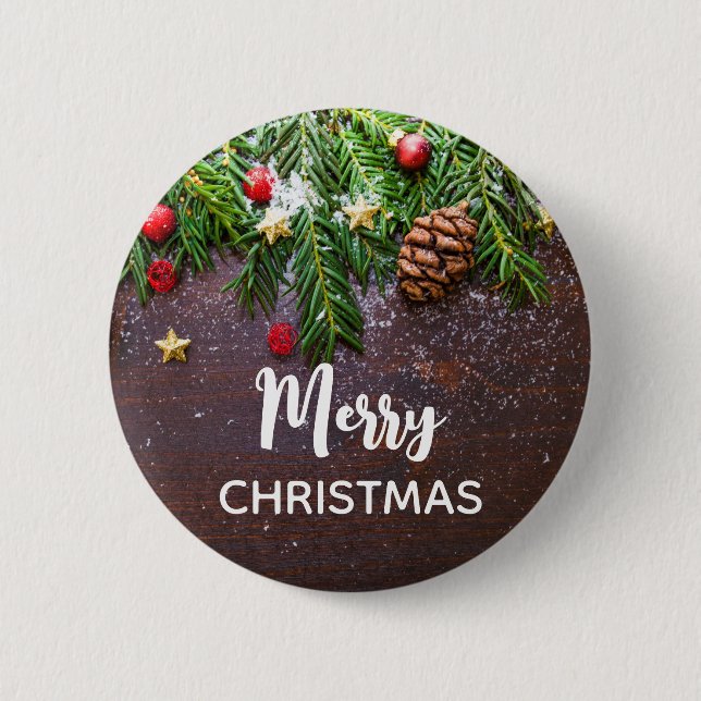 Rustikaler Weihnachtstisch mit Kiefer und Schnee Button (Vorderseite)