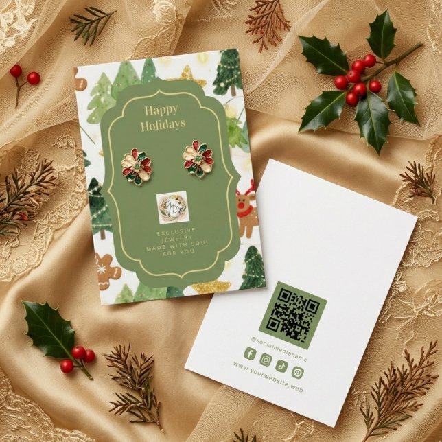 Rustikaler Weihnachtswald-Schmuckdisplay TMF26 (Rustic Christmas Forest and Gingerbread in Watercolor Effect Jewelry Display Card with Business Logo)