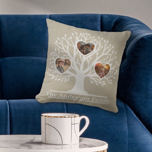 Rustikaler Weiß 3 Foto Familienbaum Personalisiert Kissen (Rustic White 3 Photo Family Tree Personalized Throw Pillow)