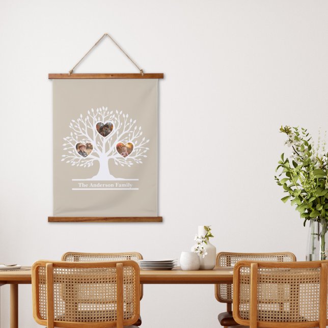 Rustikaler Weiß 3 Foto Familienbaum Personalisiert Wandteppich Mit Holzrahmen (Rustic White 3 Photo Family Tree Personalized Hanging Tapestry
)