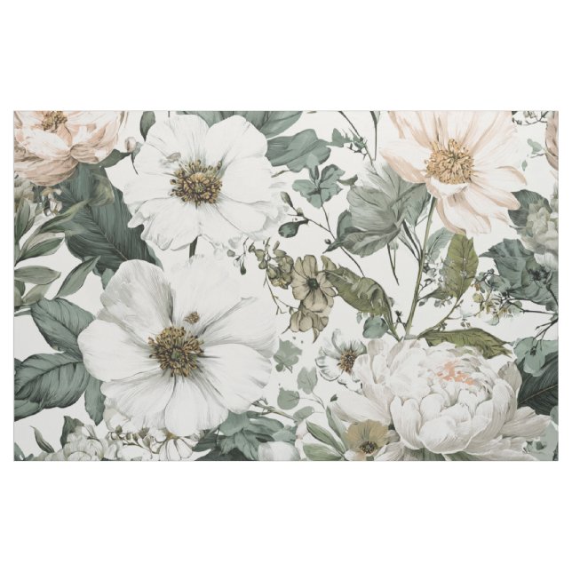 Rustikaler Weiß-Grün-Botanik-Vintage-Boho-Blumenst Stoff (Yard (91,4 cm))