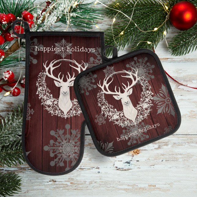 Rustikaler Weißer Rentier | Rot Ofenhandschuh & Topflappen-Set (Red Rustic Watercolor White Reindeer Oven Mitt Potholder Set)