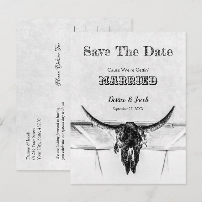 Rustikaler Weißer Western Kuhschädel Save the Date Postkarte (Vorne/Hinten)