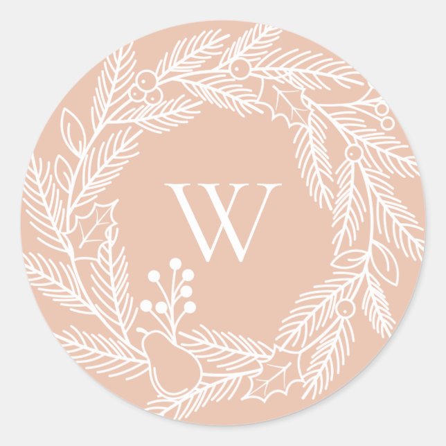 Rustikaler Weißer Winterkreide Monogram Blush Runder Aufkleber (Vorderseite)