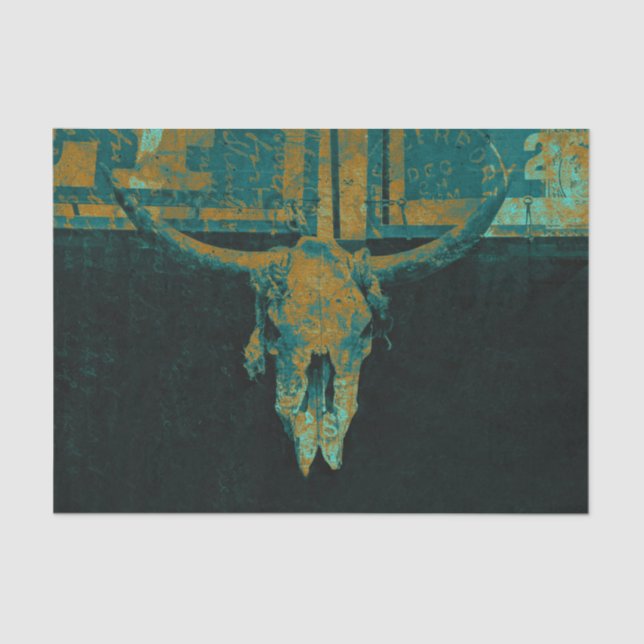 Rustikaler Western Aquamarin Tan Vintag Bull Skull Seidenpapier (Vorderseite)