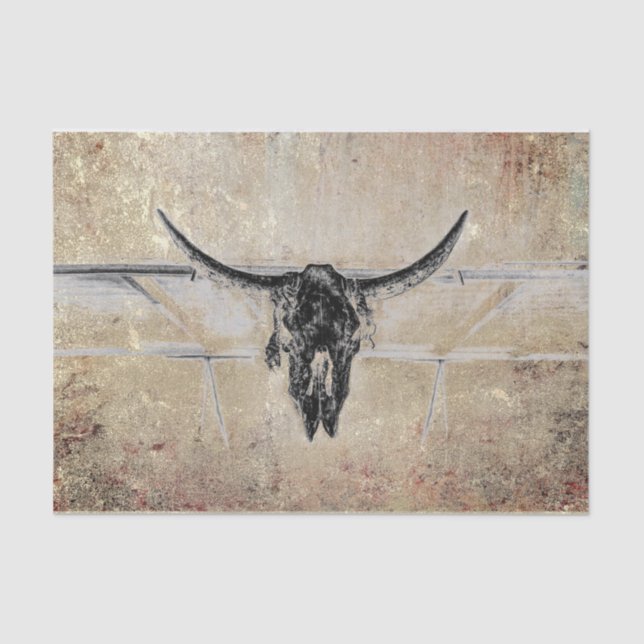 Rustikaler Western Black Bull Skull Sepia Textur Seidenpapier (Vorderseite)