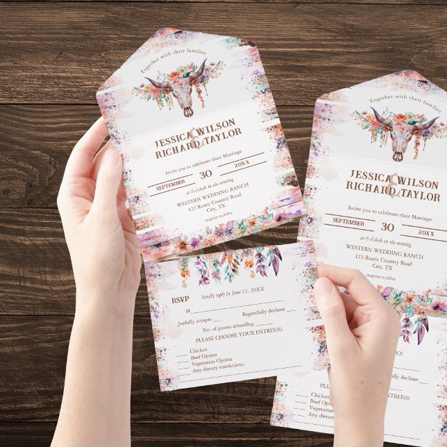 Rustikaler Western Boho Floral Cow Skull All In One Einladung (Von Creator hochgeladen)