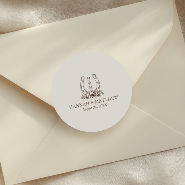 Rustikaler Western Boho Horseshoe Wedding Runder Aufkleber (Von Creator hochgeladen)