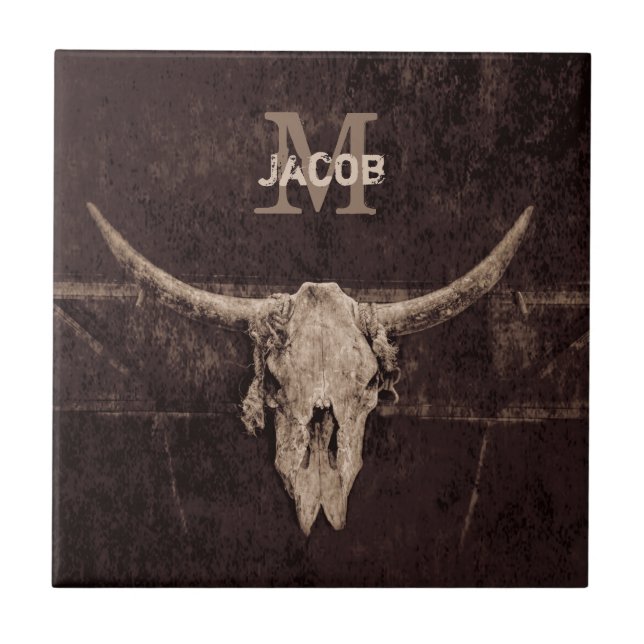 Rustikaler Western Braun Beige Alte Bullschädel Mo Fliese (Vorderseite)