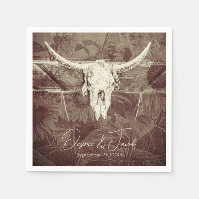 Rustikaler Western Braun Sonnenblumen Bull Skull Serviette (Vorderseite)