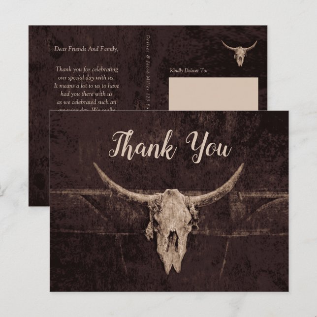 Rustikaler Western Brown Bull Skull Hochzeitsland Postkarte (Vorne/Hinten)
