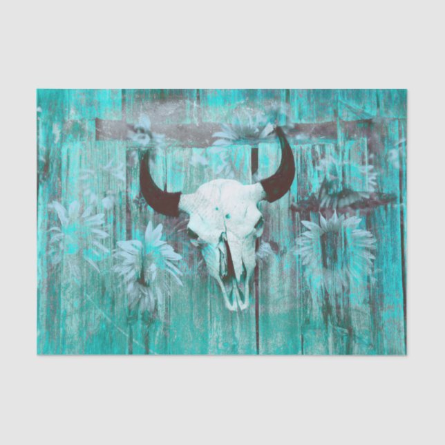 Rustikaler Western Bull Skull Aquamarin Boho Sonne Seidenpapier (Vorderseite)