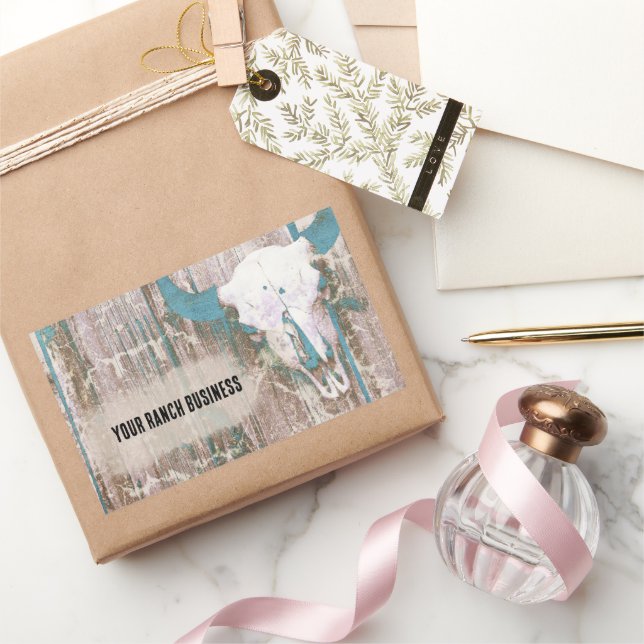 Rustikaler Western Bull Skull Aquamarin Brown Text Rechteckiger Aufkleber (Schenken)