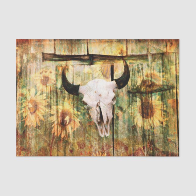Rustikaler Western Bull Skull Country Sonnenblumen Seidenpapier (Vorderseite)