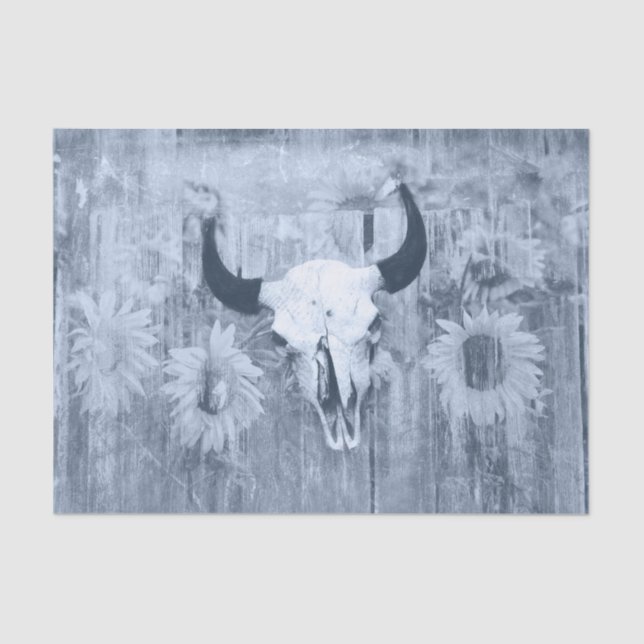 Rustikaler Western Bull Skull Dusty Blue Sonnenblu Seidenpapier (Vorderseite)