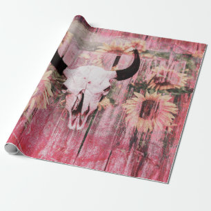 Rustikaler Western Bull Skull Pink Gelbe Sonnenblu Geschenkpapier