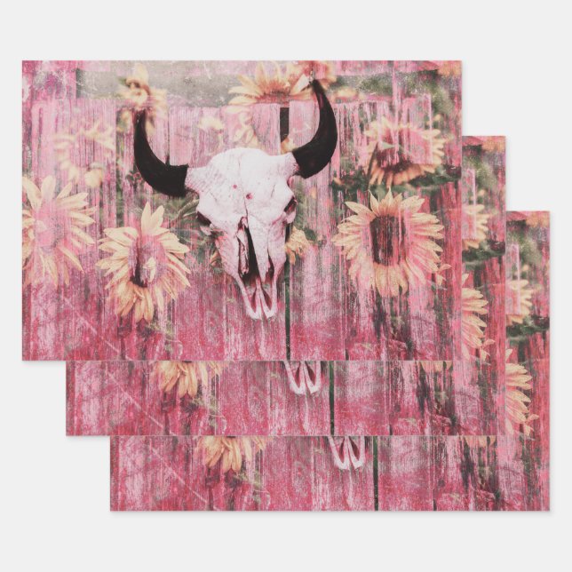 Rustikaler Western Bull Skull Pink Gelbe Sonnenblu Geschenkpapier Set (Set)