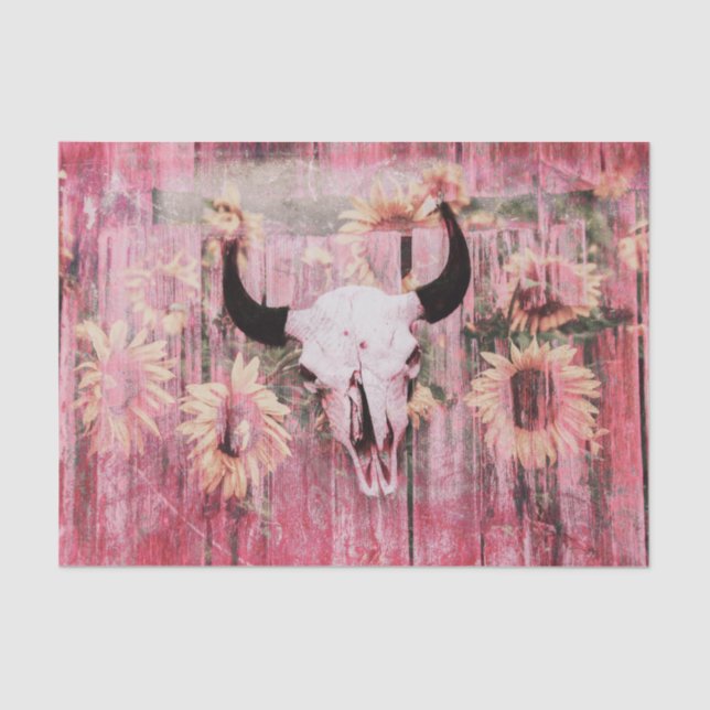 Rustikaler Western Bull Skull Pink Gelbe Sonnenblu Seidenpapier (Vorderseite)