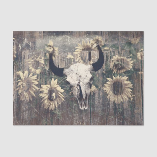 Rustikaler Western Bull Skull Textur Sonnenblumen Seidenpapier (Vorderseite)