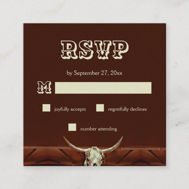 Rustikaler Western Bull Skull Wedding RSVP Begleitkarte (Vorderseite)