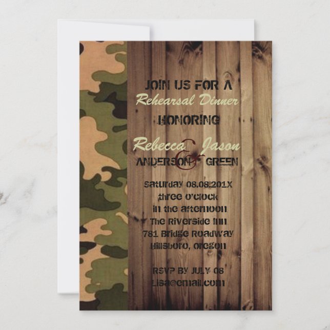 rustikaler Western Camouflage Hochzeitsessen Probe Einladung (Vorderseite)