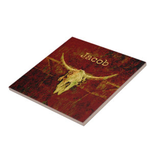 Rustikaler Western Country Brown Grunge Bull Skull Fliese