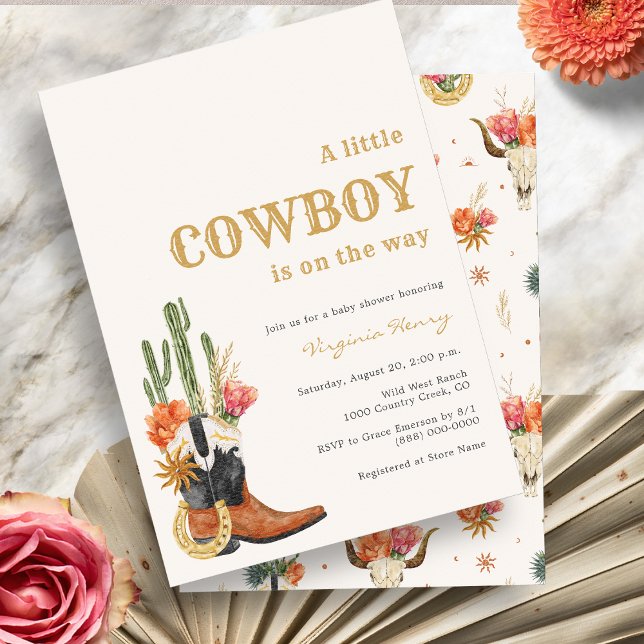 Rustikaler Western Cowboy Babydusche Einladung (Rustic Wild West Theme A Little Cowboy Baby Shower Invitation with Cactus by Painted Paperie
)