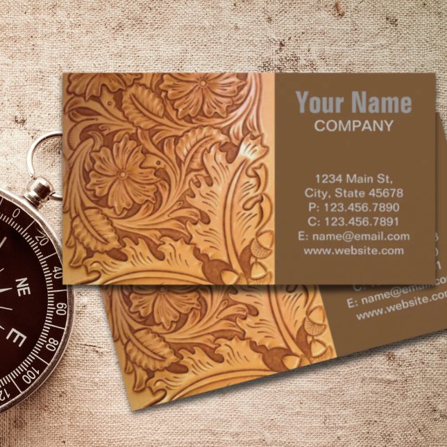 rustikaler Western Cowboy mit handgefertigtem Lede Visitenkarte (rustic western country cowboy tooled leather business card)