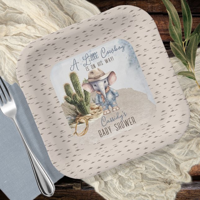 Rustikaler Western Elephant Cowboy Boy Babydusche Pappteller (Rustic Western Elephant Cowboy Boy Baby Shower Paper Plates)