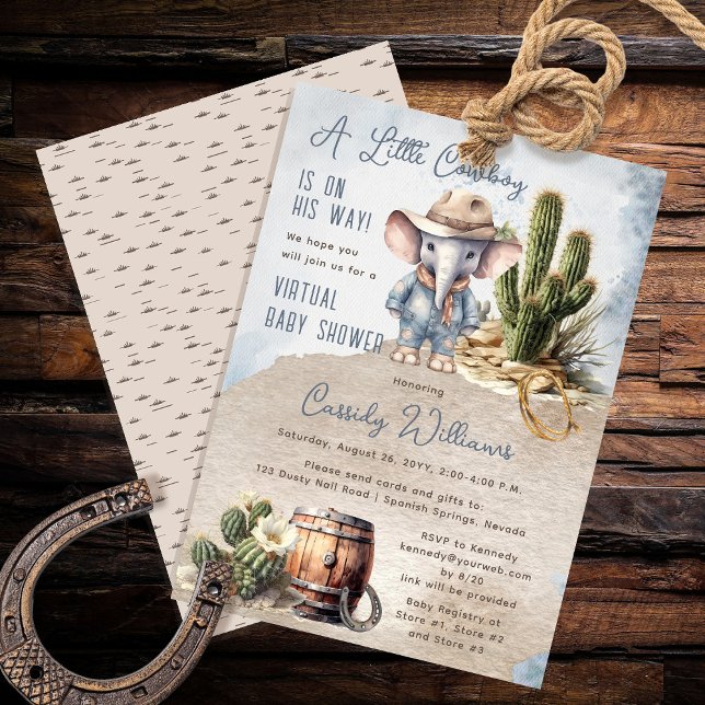 Rustikaler Western Elephant Cowboy Virtual Baby Du Einladung (Rustic Western Elephant Cowboy Boy Virtual Baby Shower Invitation)