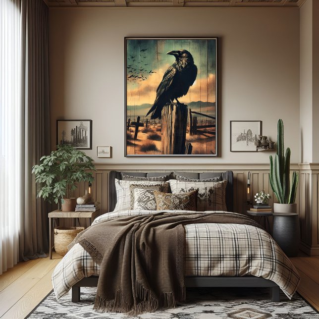 Rustikaler Western Gothic Raven in der Wüste Fried Poster (Western gothic raven poster, an animal portrait in the style of moody old west Americana)