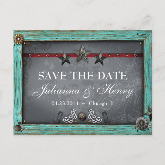 Rustikaler Western Hochzeit retten Datum Ankündigungspostkarte (Vorderseite)