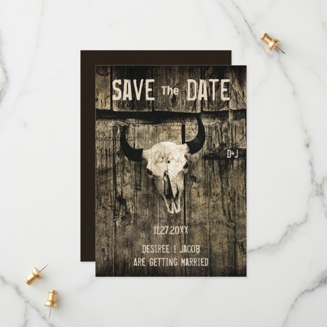 Rustikaler Western Hochzeitskuhschädel Save the Da Date (Vorderseite/Rückseite Beispiel)