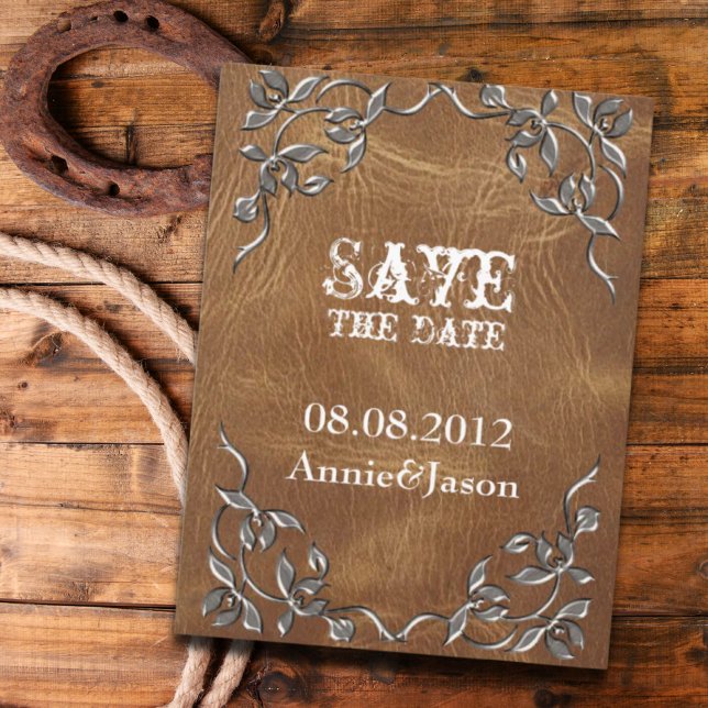 Rustikaler Western Leather Wedding speichern das D Ankündigungspostkarte (rustic Western Leather Wedding save the date Announcement Postcard)