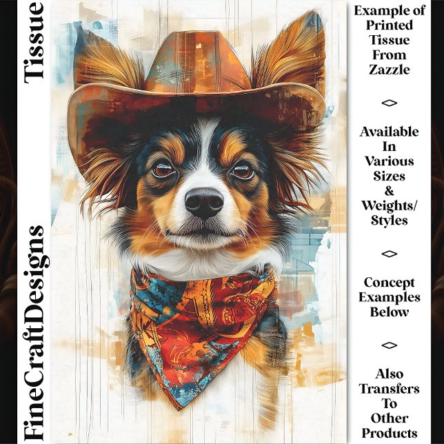 Rustikaler Western Papillon Dog, Hut DD9 Decoupage Seidenpapier (Von Creator hochgeladen)