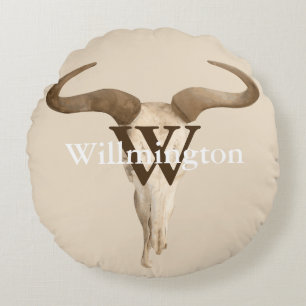 Rustikaler Western Prairie Cow Skull Familienname Rundes Kissen
