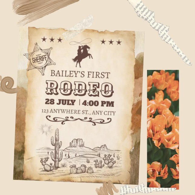 Rustikaler Western Rodeo Cowboy First Rodeo Geburt Einladung (Von Creator hochgeladen)