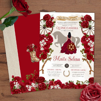 Rustikaler Western - Rote Rose - Charro Quinceaner Einladung