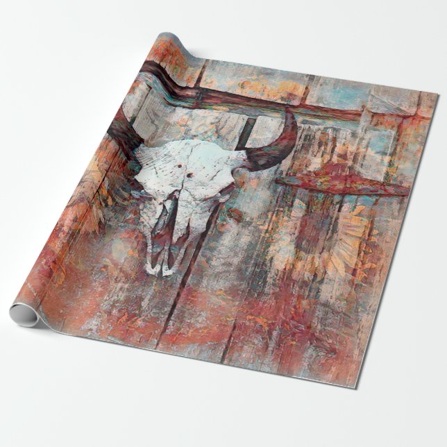 Rustikaler Western Rust Brown Bull Skull Sonnenblu Geschenkpapier (Ungerollt)