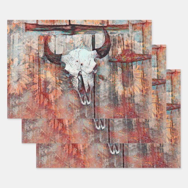 Rustikaler Western Rust Brown Bull Skull Sonnenblu Geschenkpapier Set (Set)