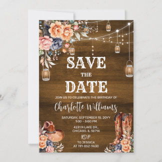 Rustikaler Western Save the Date Geburtstagsparty Einladung