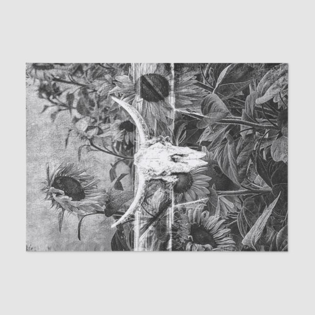 Rustikaler Western Schwarz-Weiß-Blütenschädel Seidenpapier (Vorderseite)