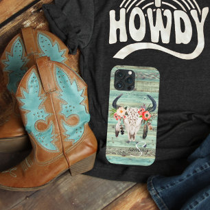 Rustikaler Western Türkisfarben Holzkuh Skull Mono Case-Mate iPhone Hülle