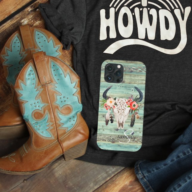 Rustikaler Western Türkisfarben Holzkuh Skull Mono Case-Mate iPhone Hülle (Von Creator hochgeladen)