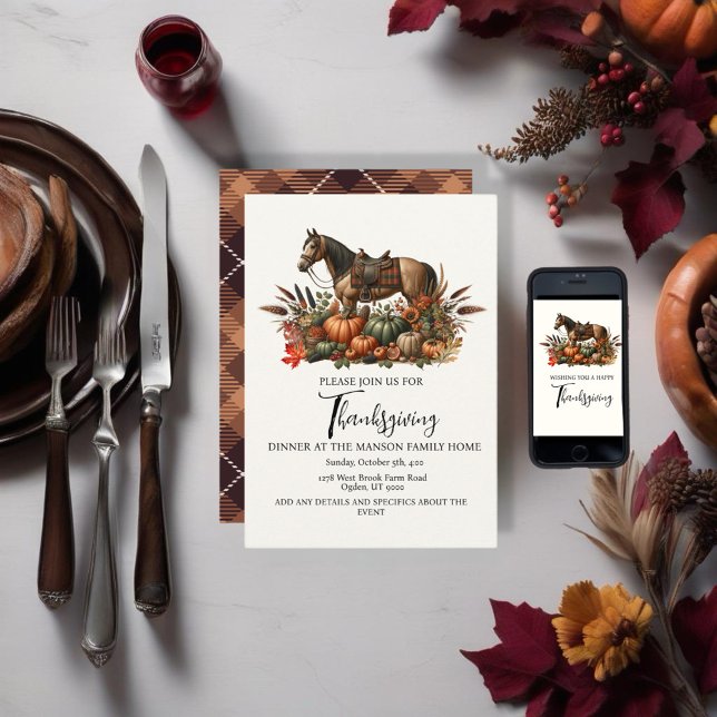 Rustikaler Western Vergnügen Pferd Erntedank Einladung (Enjoy this Rustic Western Thanksgiving Horse design! Customize with your favorite event!)