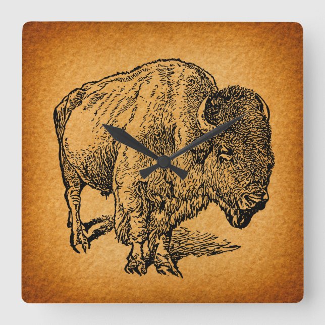 Rustikaler Western Wild Buffalo Bison Quadratische Wanduhr (Vorderseite)