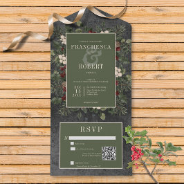 Rustikaler Winter Berries & Pine Black QR Code All In One Einladung