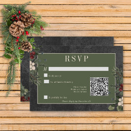 Rustikaler Winter Berries & Pine Black QR Code RSVP Karte