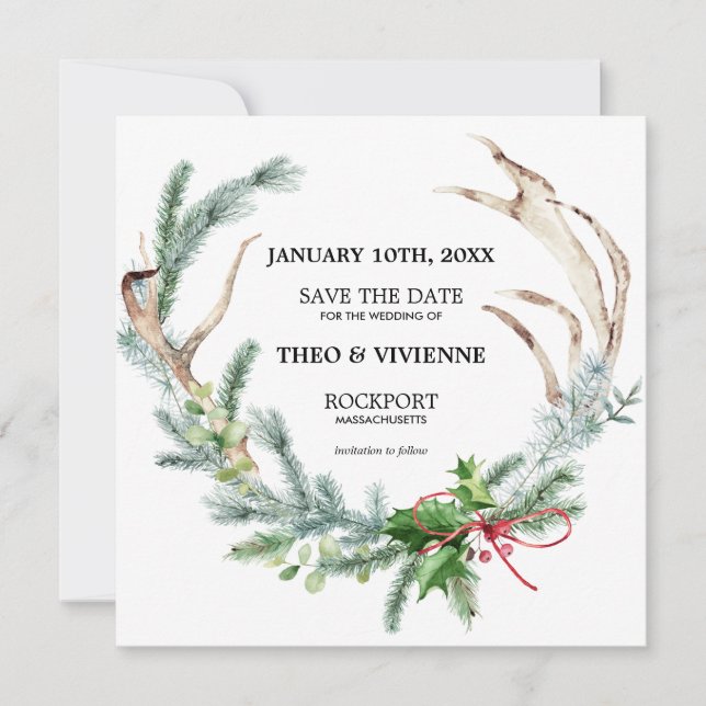 Rustikaler Winter botanisch Save the Date (Vorderseite)