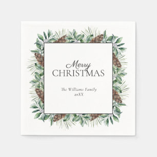 Rustikaler Winter Fir Cone Frohe Weihnachten Serviette